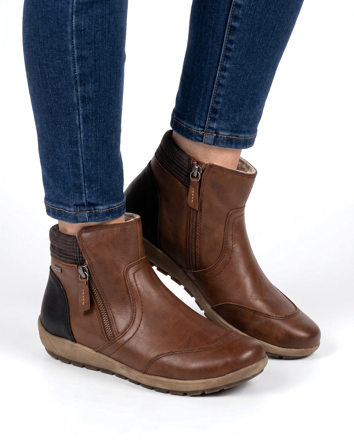 Mabel-Ruth | Women's Plaid-Trim Leather Ankle Boots