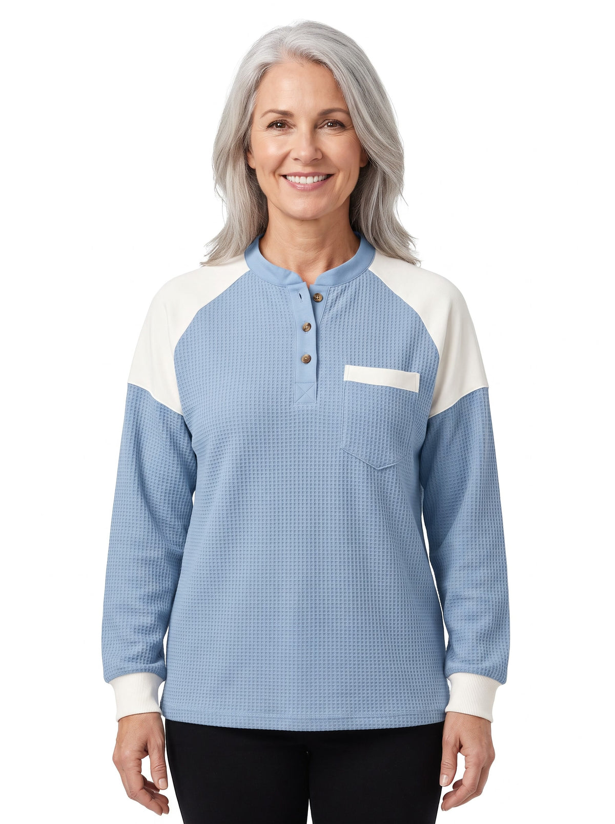 Regina-Ivy Women's Textured Henley Shirt in Light Blue