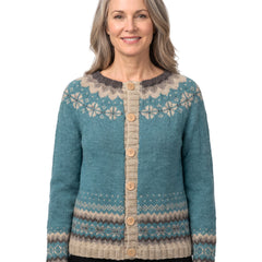 Cornelia-Dorothea Women's Icelandic-Inspired Patterned Yoke Cardigan in teal on model