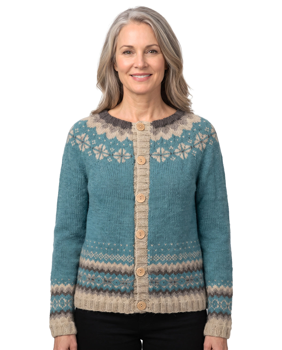 Cornelia-Dorothea Women's Icelandic-Inspired Patterned Yoke Cardigan in teal on model