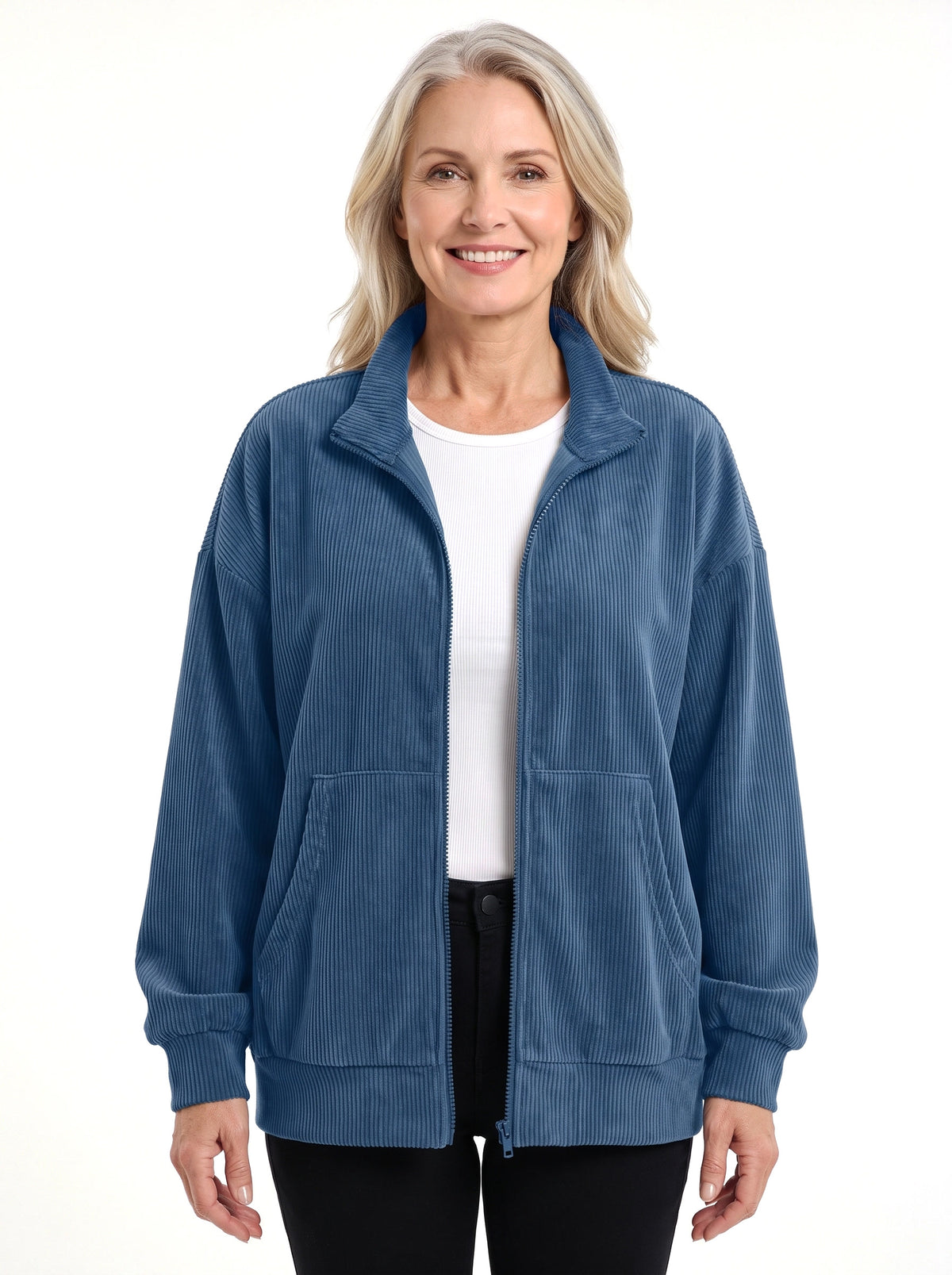 Rhea-Lucille Women's Oversized Corduroy Zip Jacket in Blue
