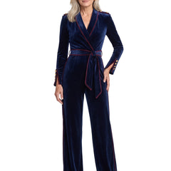 Frances-Violet Women's Velvet Tie-Waist Jumpsuit with Contrast Piping in navy blue