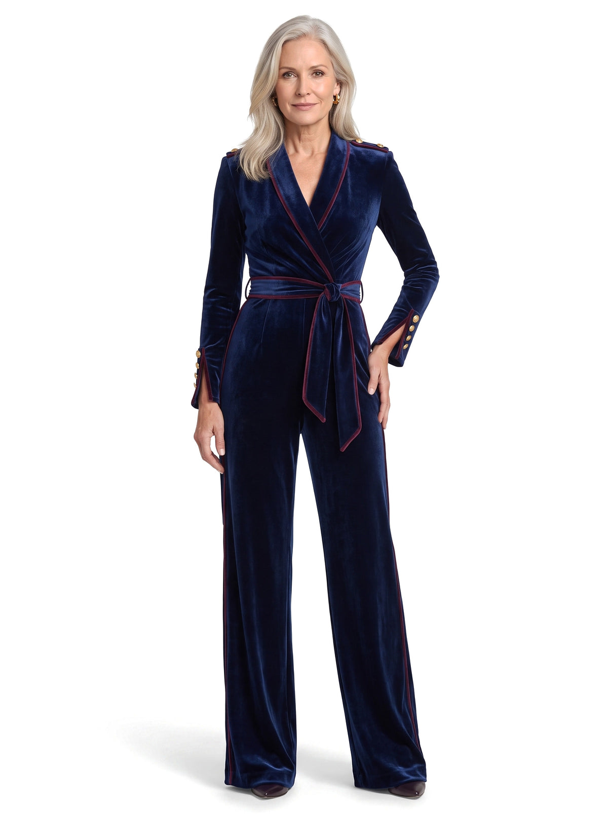 Frances-Violet Women's Velvet Tie-Waist Jumpsuit with Contrast Piping in navy blue