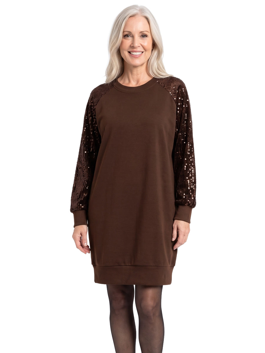 Ingrid-Olive Women's Sequin-Sleeve Sweatshirt Midi Dress in Dark Brown