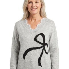 Judith-Colette Women's Bow-Detail V-Neck Sweater in Grey