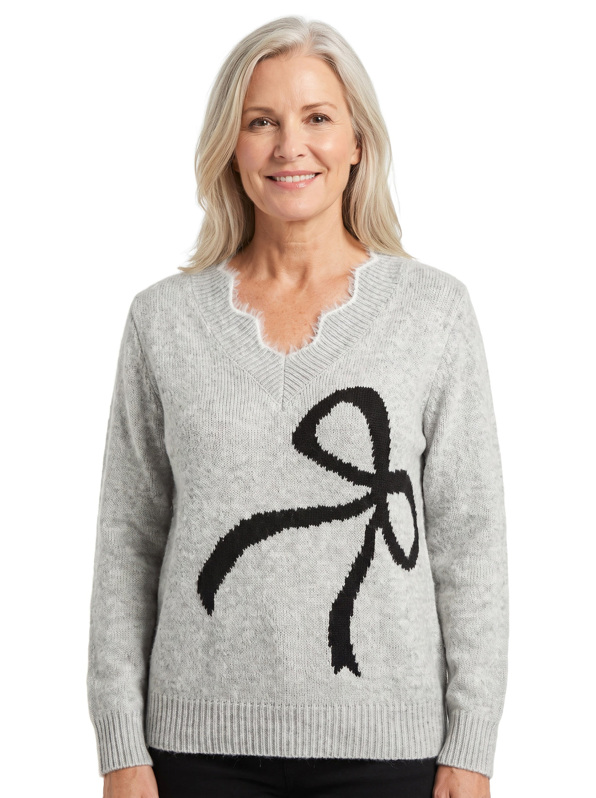 Judith-Colette Women's Bow-Detail V-Neck Sweater in Grey