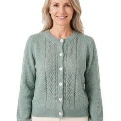 Irene-Priscilla Women's Openwork Round-Neck Cardigan in Green worn by a model