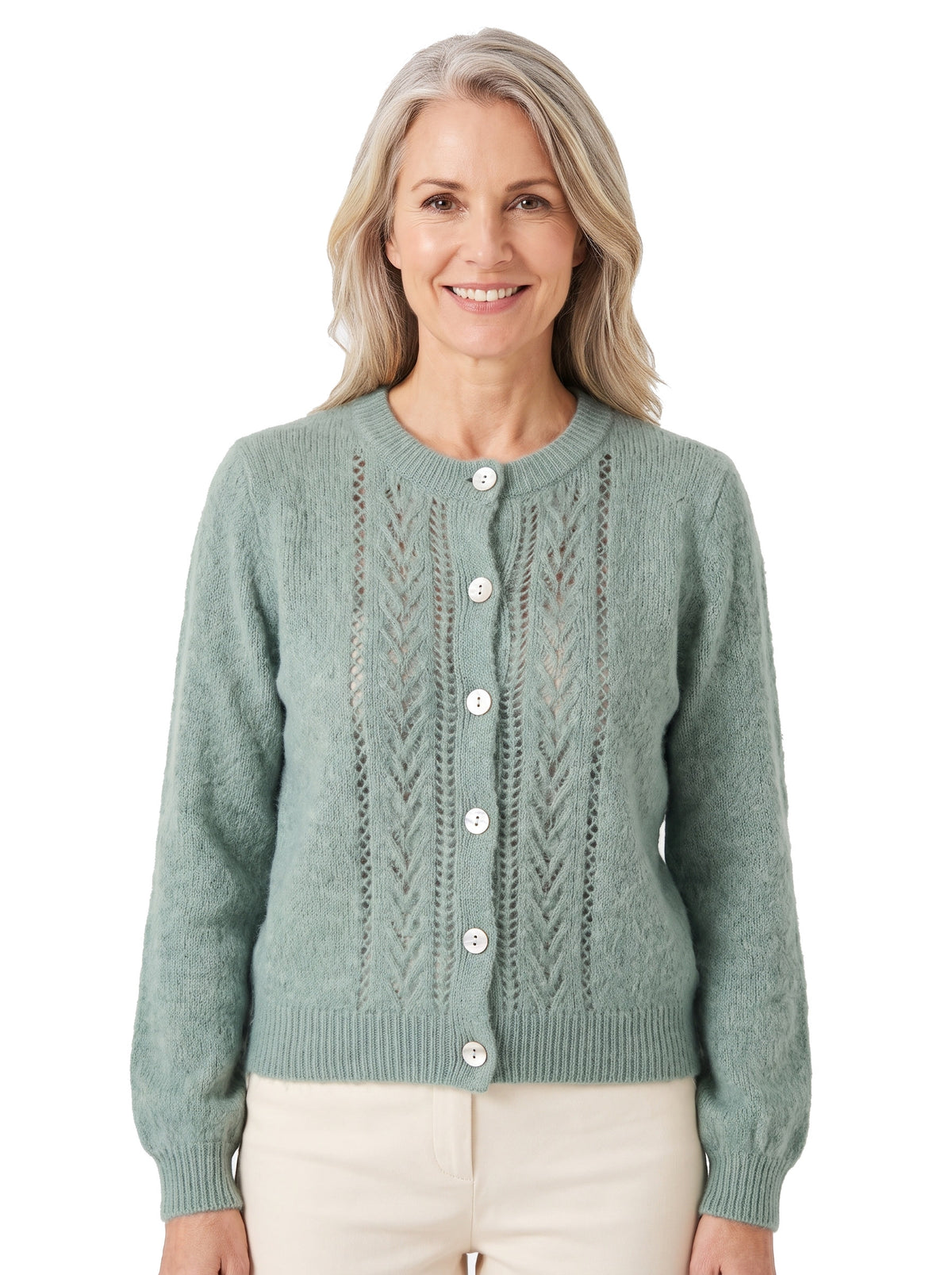 Irene-Priscilla Women's Openwork Round-Neck Cardigan in Green worn by a model