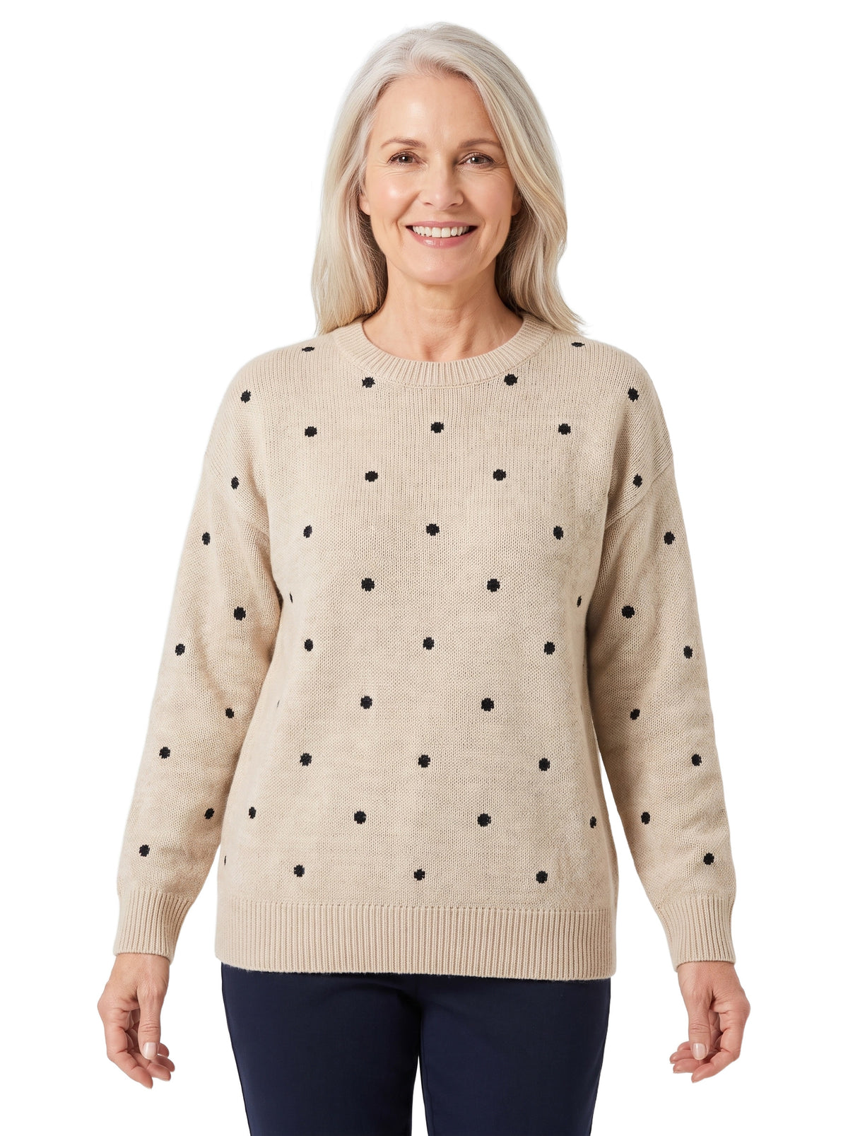 Violet-Nora Women's Dotted Crew-Neck Jumper in beige with black dots, worn by a model