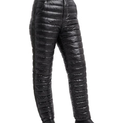 Violet-Nora Women's Insulated Puffer Snow Pants in black, worn, waist to feet studio view