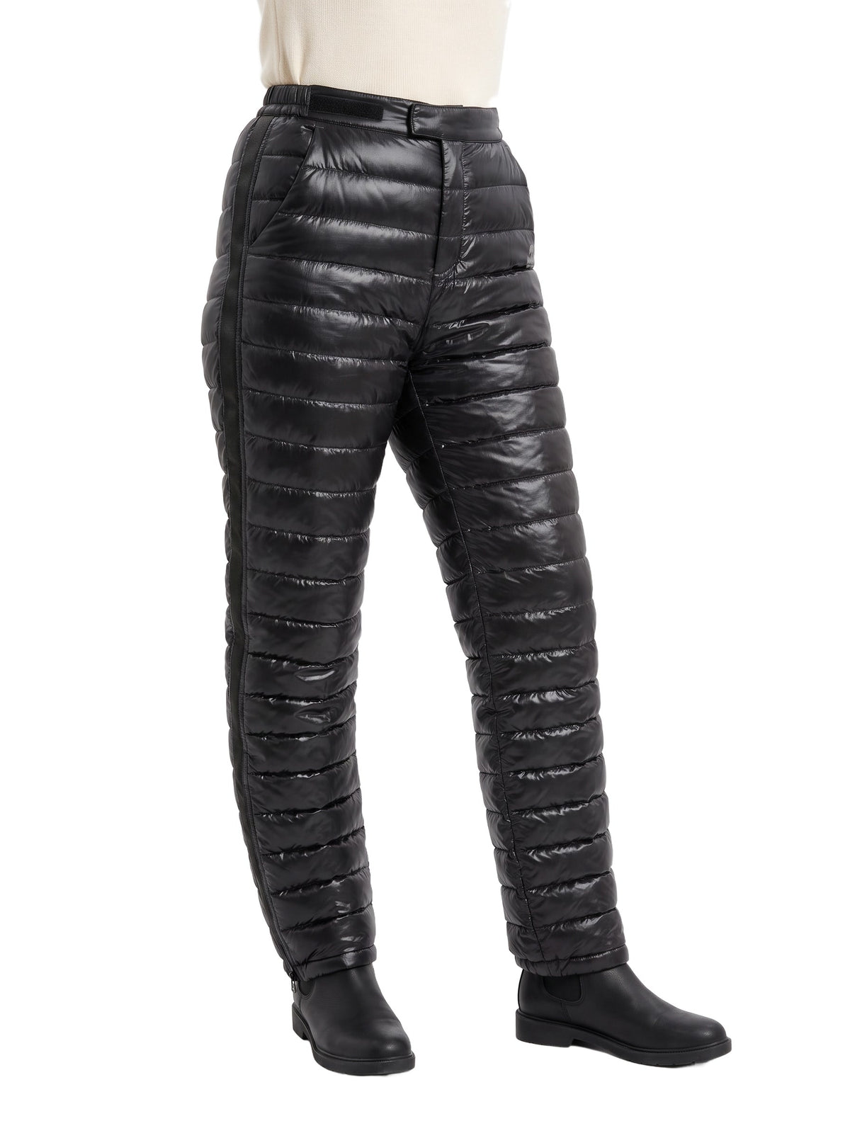 Violet-Nora Women's Insulated Puffer Snow Pants in black, worn, waist to feet studio view