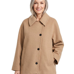 Judith-Constance Women's Oversized Collar Trench Coat in camel beige worn by a model