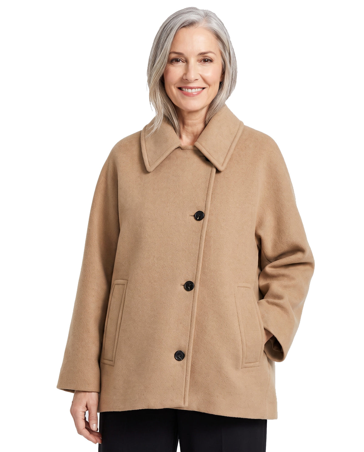 Judith-Constance Women's Oversized Collar Trench Coat in camel beige worn by a model