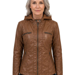 Alba-Carmen Women's Hooded Faux Leather Biker Jacket in Light Brown