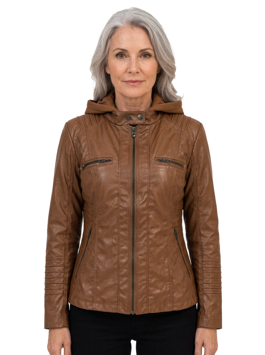 Alba-Carmen Women's Hooded Faux Leather Biker Jacket in Light Brown