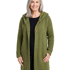 Blanche-Miriam Women's Open-Front Long Knit Cardigan with Pockets in Green worn by a model