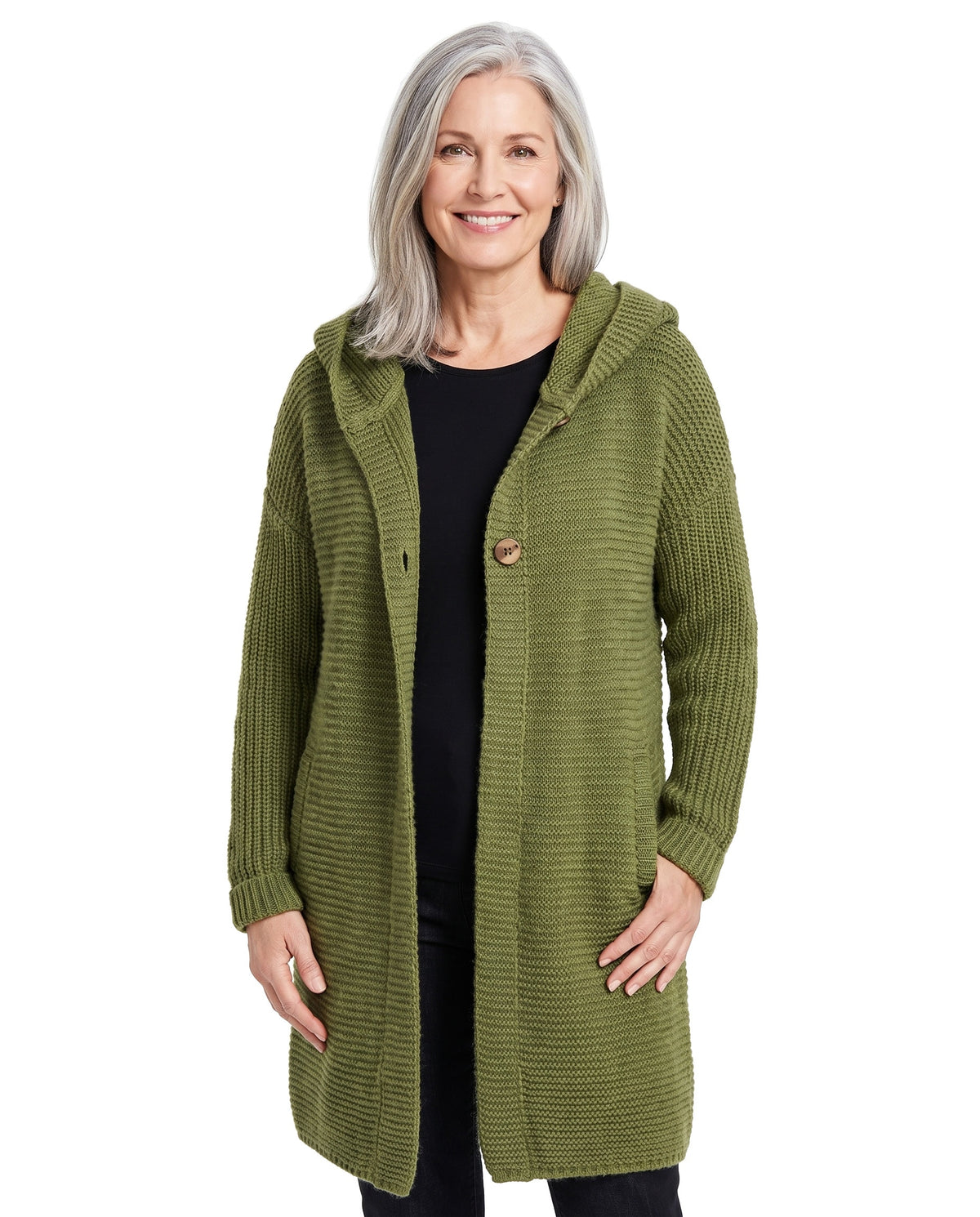 Blanche-Miriam Women's Open-Front Long Knit Cardigan with Pockets in Green worn by a model