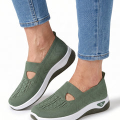 Zelda-Viola Women's Platform Knit Walking Sneakers in green worn by a model