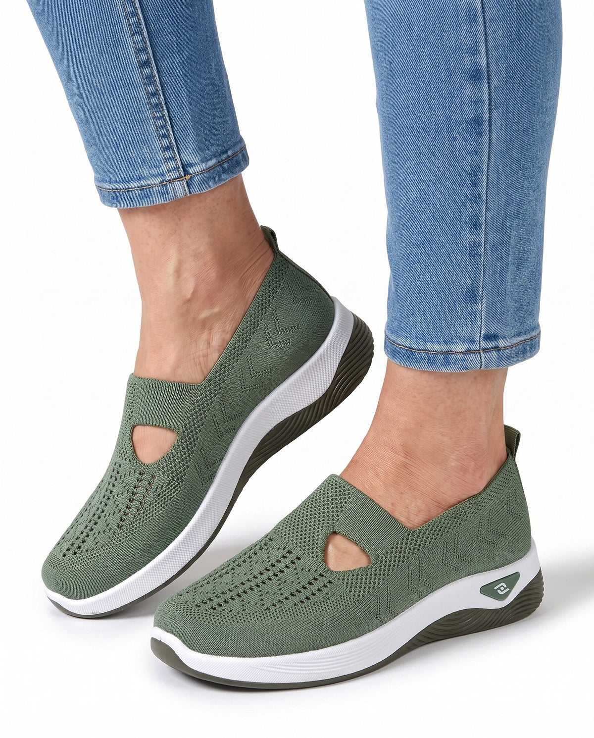 Zelda-Viola Women's Platform Knit Walking Sneakers in green worn by a model