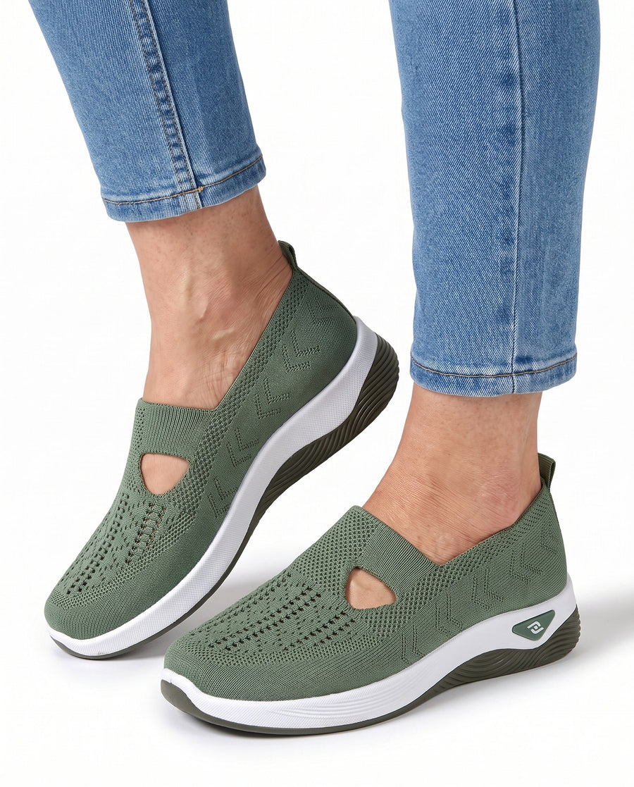 Zelda-Viola Women's Platform Knit Walking Sneakers in green worn by a model