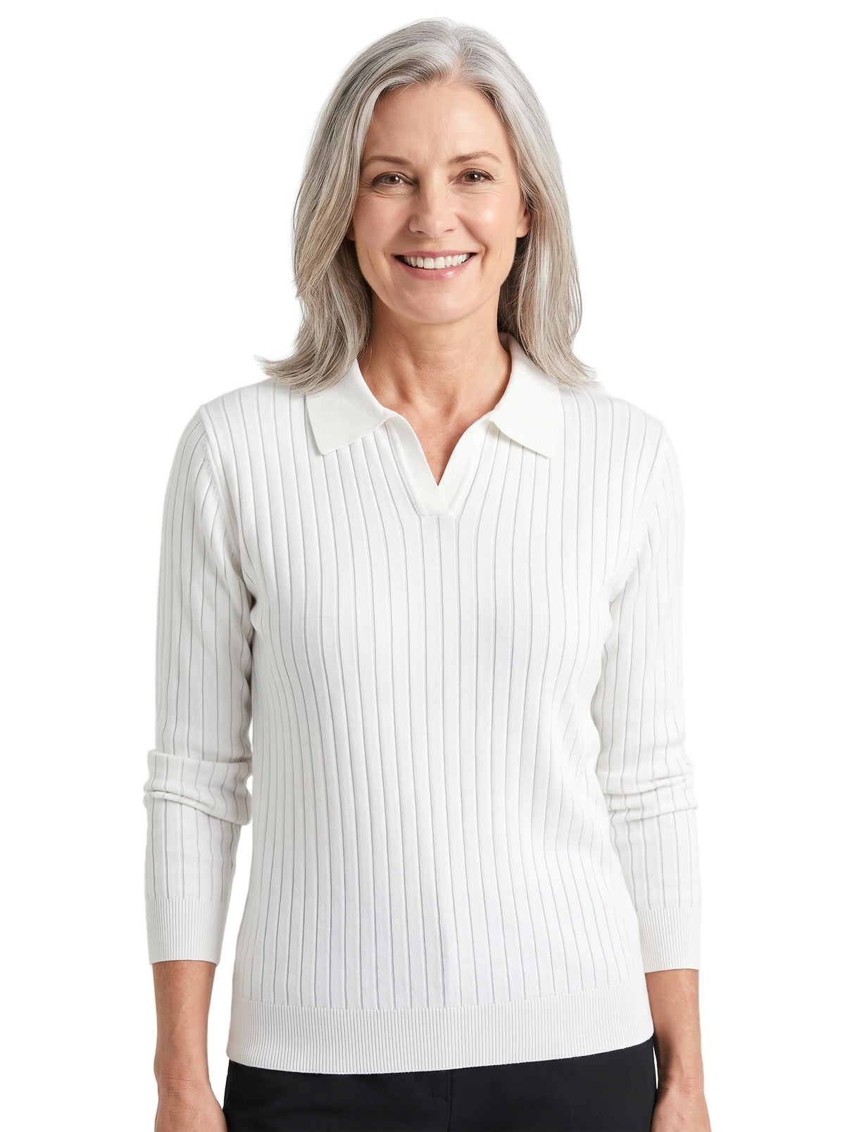 Iris-Rhea Women's Collared V-Neck Knit Sweater in White
