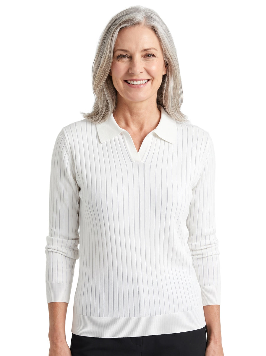 Iris-Rhea Women's Collared V-Neck Knit Sweater in White