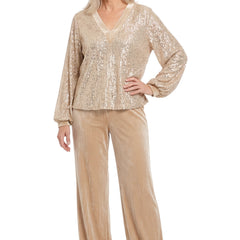 Pauline-Alma Women's Sequin Top and Velvet Trousers Set in Champagne