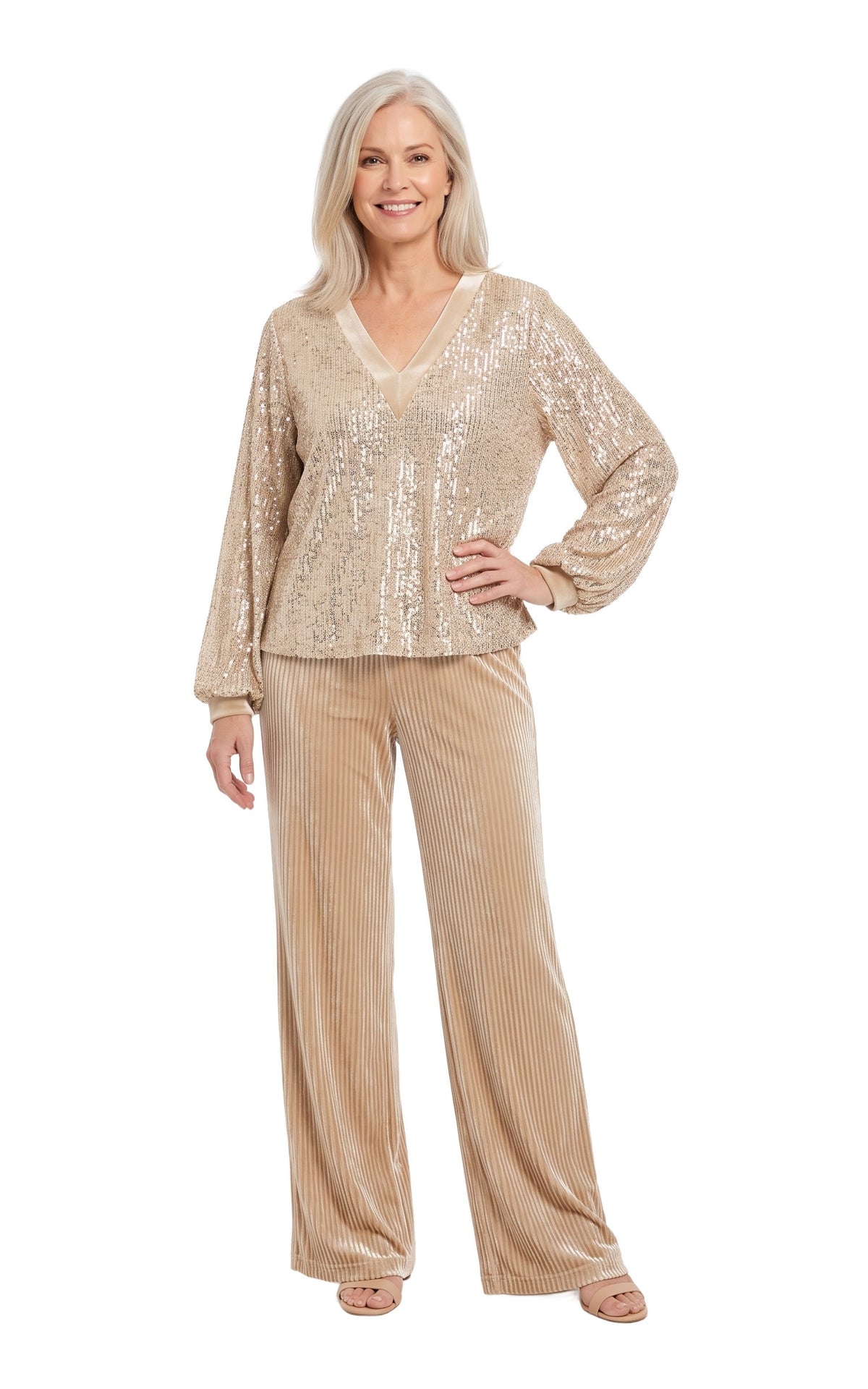 Pauline-Alma Women's Sequin Top and Velvet Trousers Set in Champagne