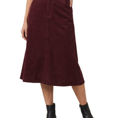 Margot-Yvonne Women's Corduroy Midi Skirt in Wine Red, worn, waist to feet on white