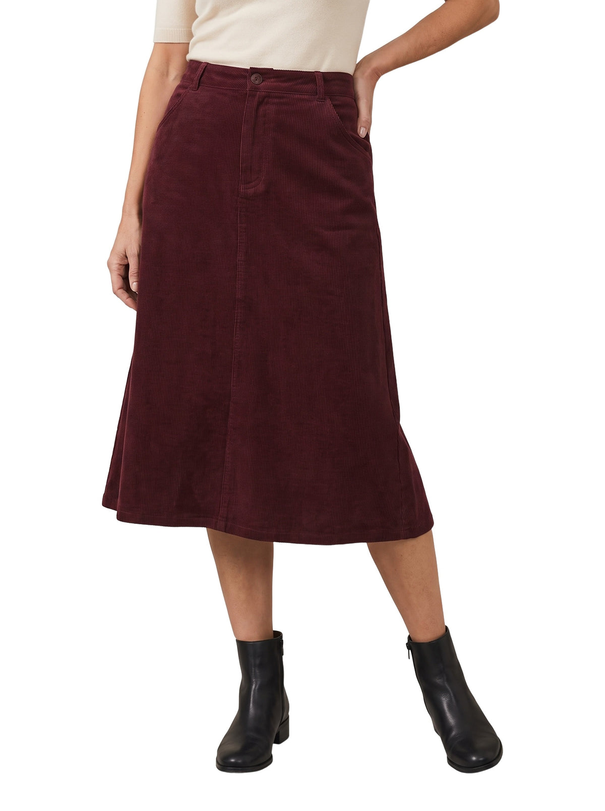 Margot-Yvonne Women's Corduroy Midi Skirt in Wine Red, worn, waist to feet on white