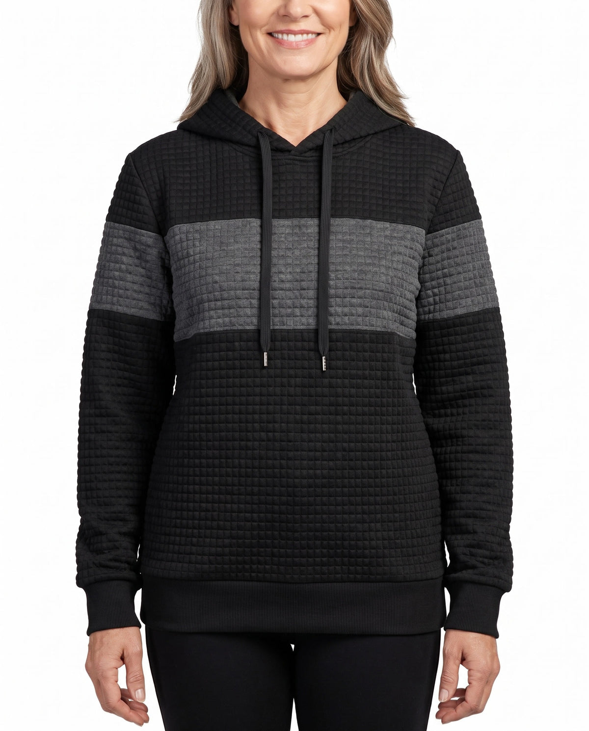 Rosemary-Nadine Women's Textured Colour-Block Hoodie worn by a model on a white background