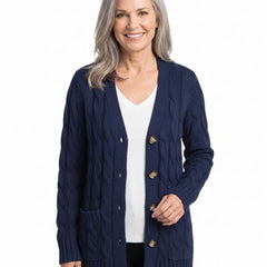 June-Esther Women's Cable Knit Button-Front Cardigan in Dark Blue