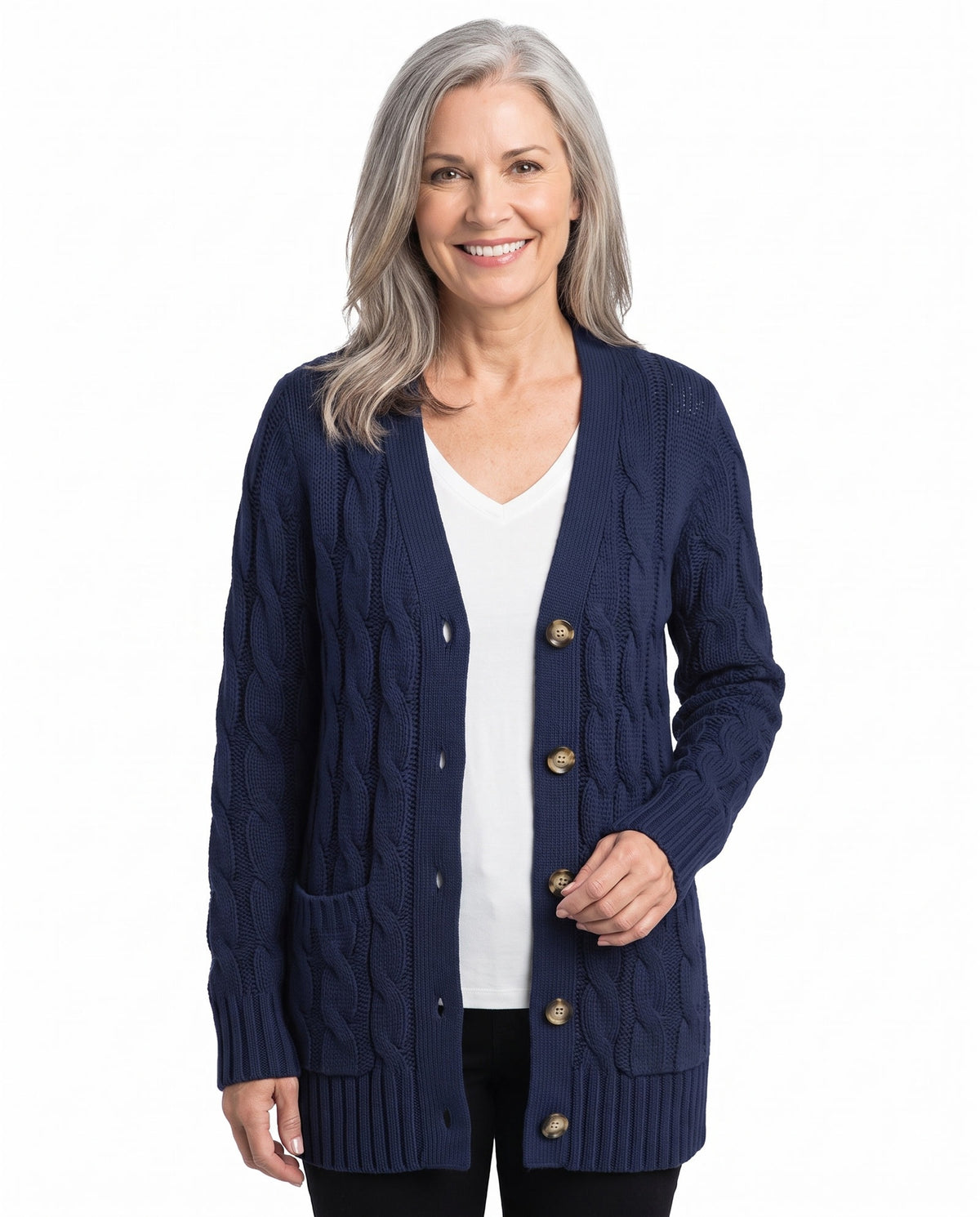 June-Esther Women's Cable Knit Button-Front Cardigan in Dark Blue