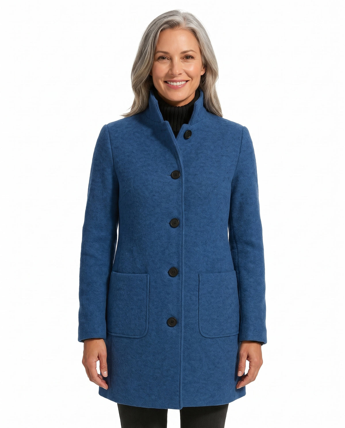 Vera-Joyce Women's Tailored Wool-Blend Peacoat in blue worn by a model