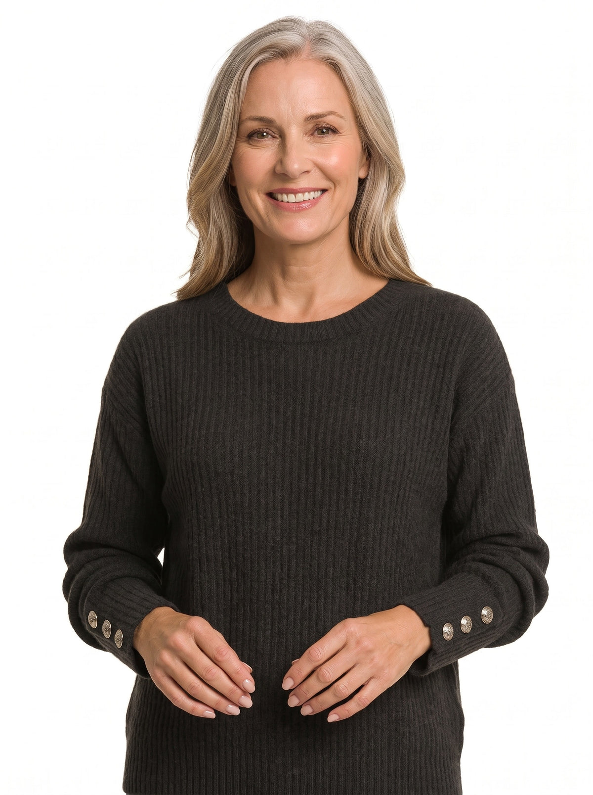 Iris-Roberta Women's Relaxed Cable Knit Sweater in black with silver cuff buttons