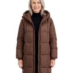 Simone-Winifred Women's Hooded Longline Puffer Coat in Reddish Brown worn open over a black turtleneck