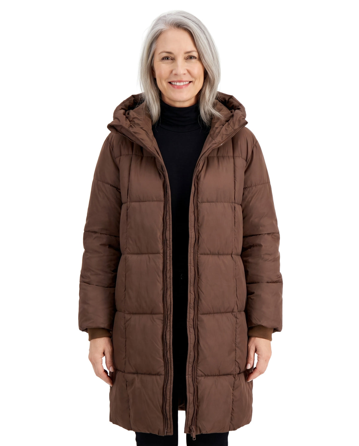 Simone-Winifred Women's Hooded Longline Puffer Coat in Reddish Brown worn open over a black turtleneck