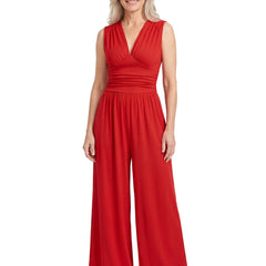 Ophelia-Sigrid Women's Wide-Leg V-Neck Knit Jumpsuit in Red worn by a model