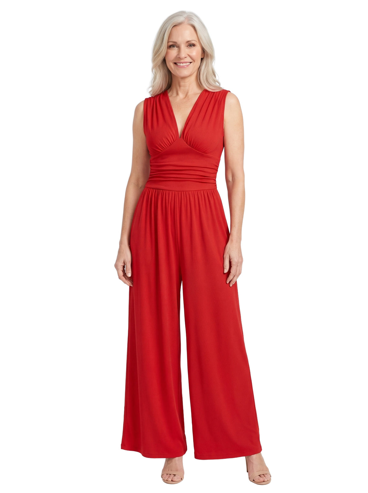 Ophelia-Sigrid Women's Wide-Leg V-Neck Knit Jumpsuit in Red worn by a model