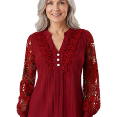 Sabine-Priscilla Women's Lace V-Neck Blouse in burgundy worn by a model on a white background