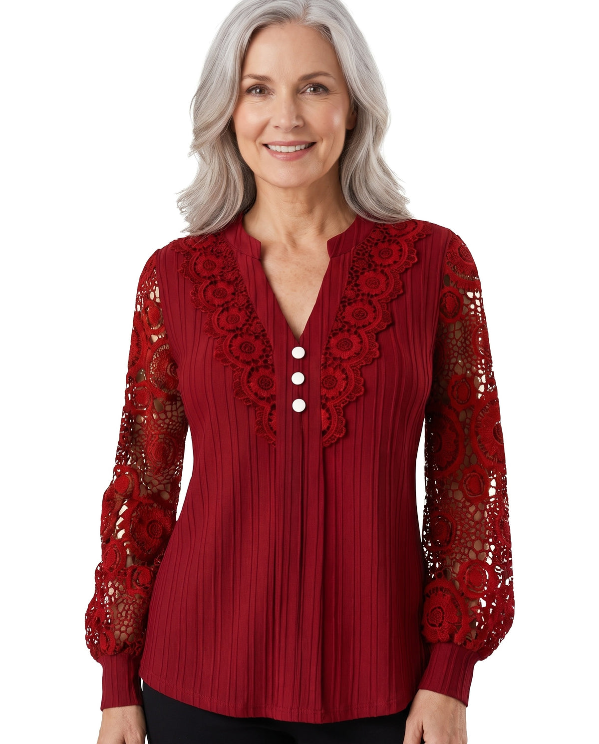 Sabine-Priscilla Women's Lace V-Neck Blouse in burgundy worn by a model on a white background