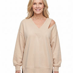 Georgia-Camilla Women's Cold Shoulder Knit Pullover in Apricot worn by a model