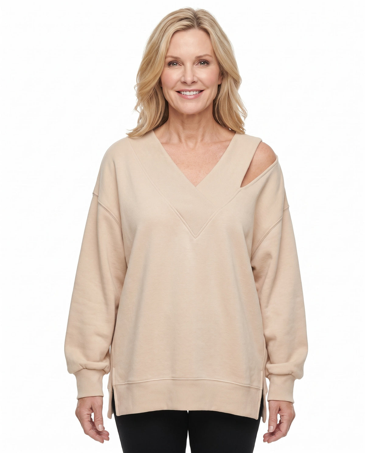 Georgia-Camilla Women's Cold Shoulder Knit Pullover in Apricot worn by a model