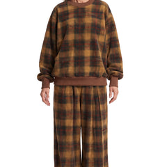 Bianca-Lottie Women's Plaid Sweatshirt and Wide-Leg Pants Set in Brown, worn by a model on a white background