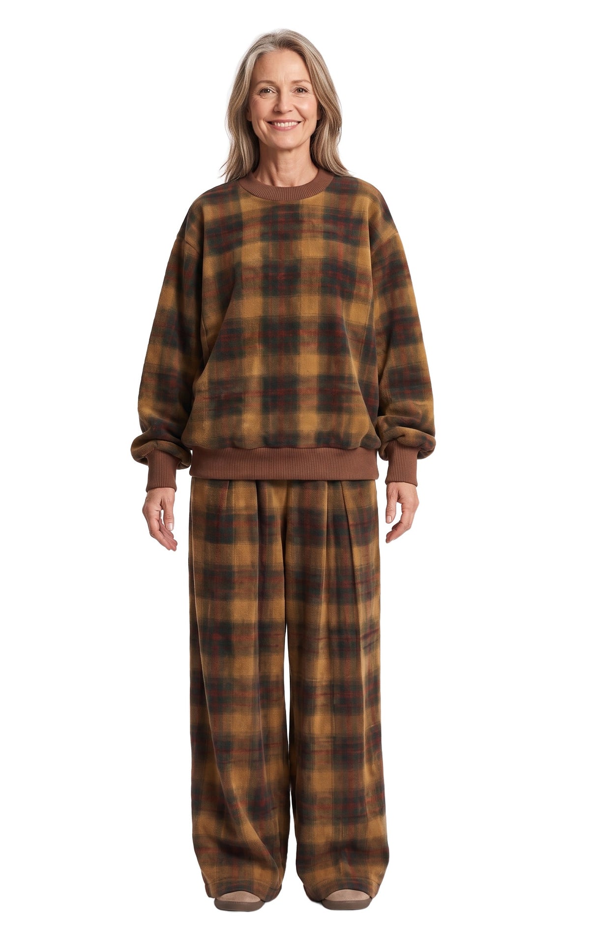 Bianca-Lottie Women's Plaid Sweatshirt and Wide-Leg Pants Set in Brown, worn by a model on a white background