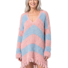 Paloma-Valerie Women's Mohair Knit Striped Mini Dress in pink and blue on model