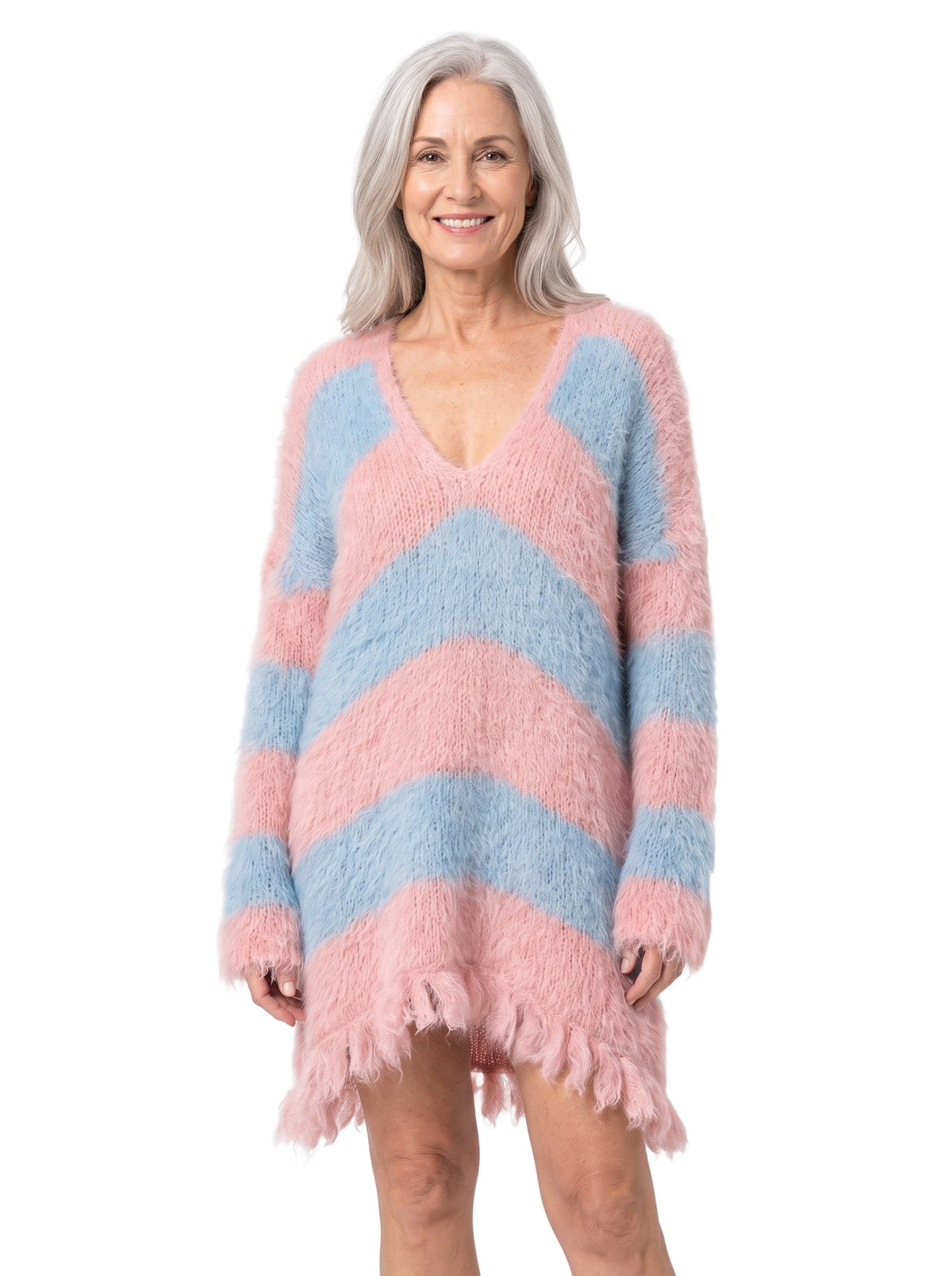 Paloma-Valerie Women's Mohair Knit Striped Mini Dress in pink and blue on model