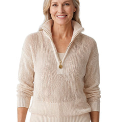 Maureen Women's Open-Knit Half-Zip Loose-Fit Sweater in Beige worn by a model