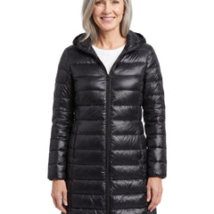 Ruth Women's Detachable-Hood Puffer Jacket in Black worn by a model