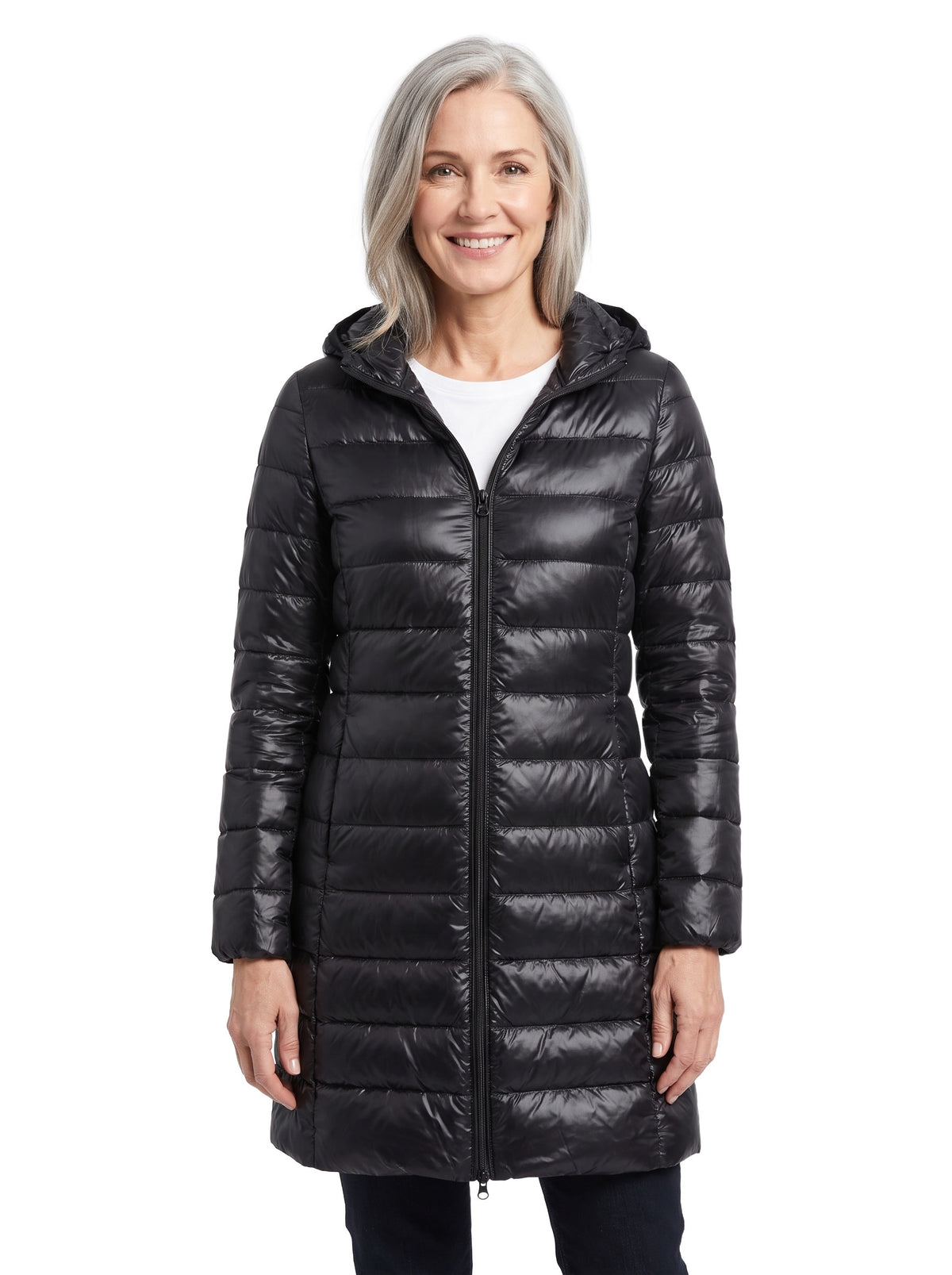 Ruth Women's Detachable-Hood Puffer Jacket in Black worn by a model